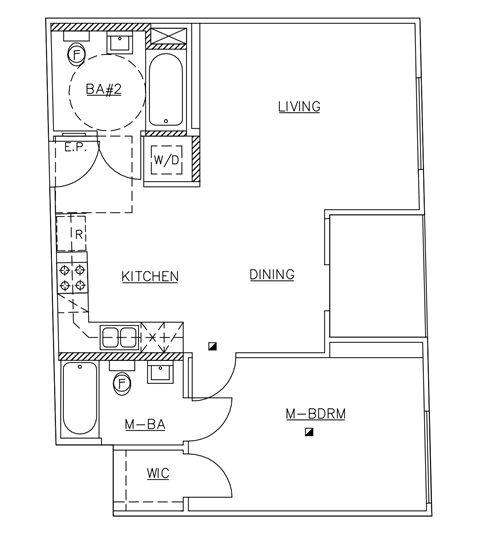 Floor plan for 1 bed, 2 baths, 727 sqft